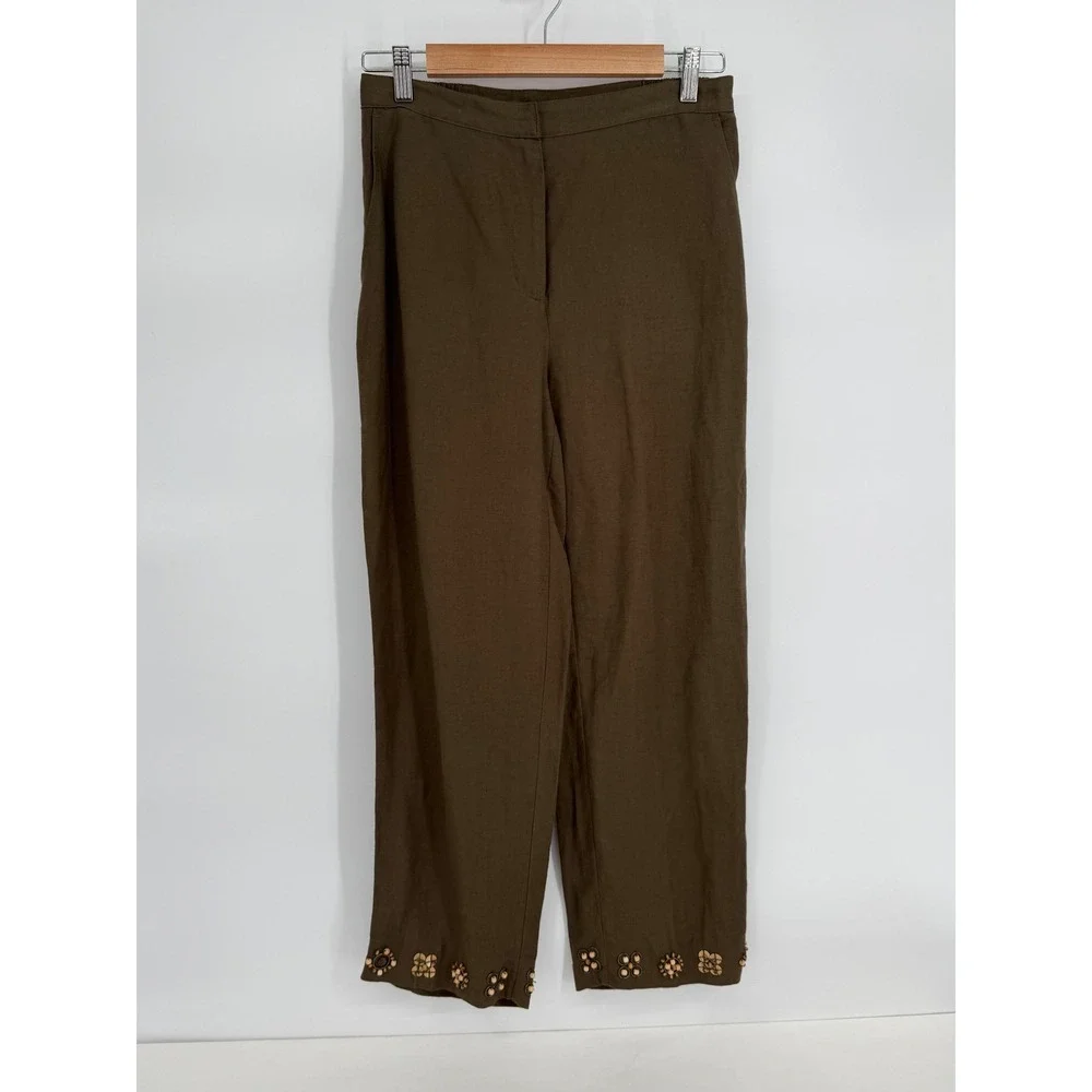 Ruby Rd Womens Sz 8 Linen Blend Pants Olive Brown Beaded Floral Hem Straight Leg